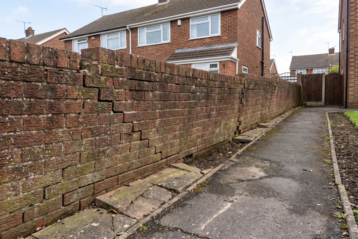 The wall leaning away from the drive