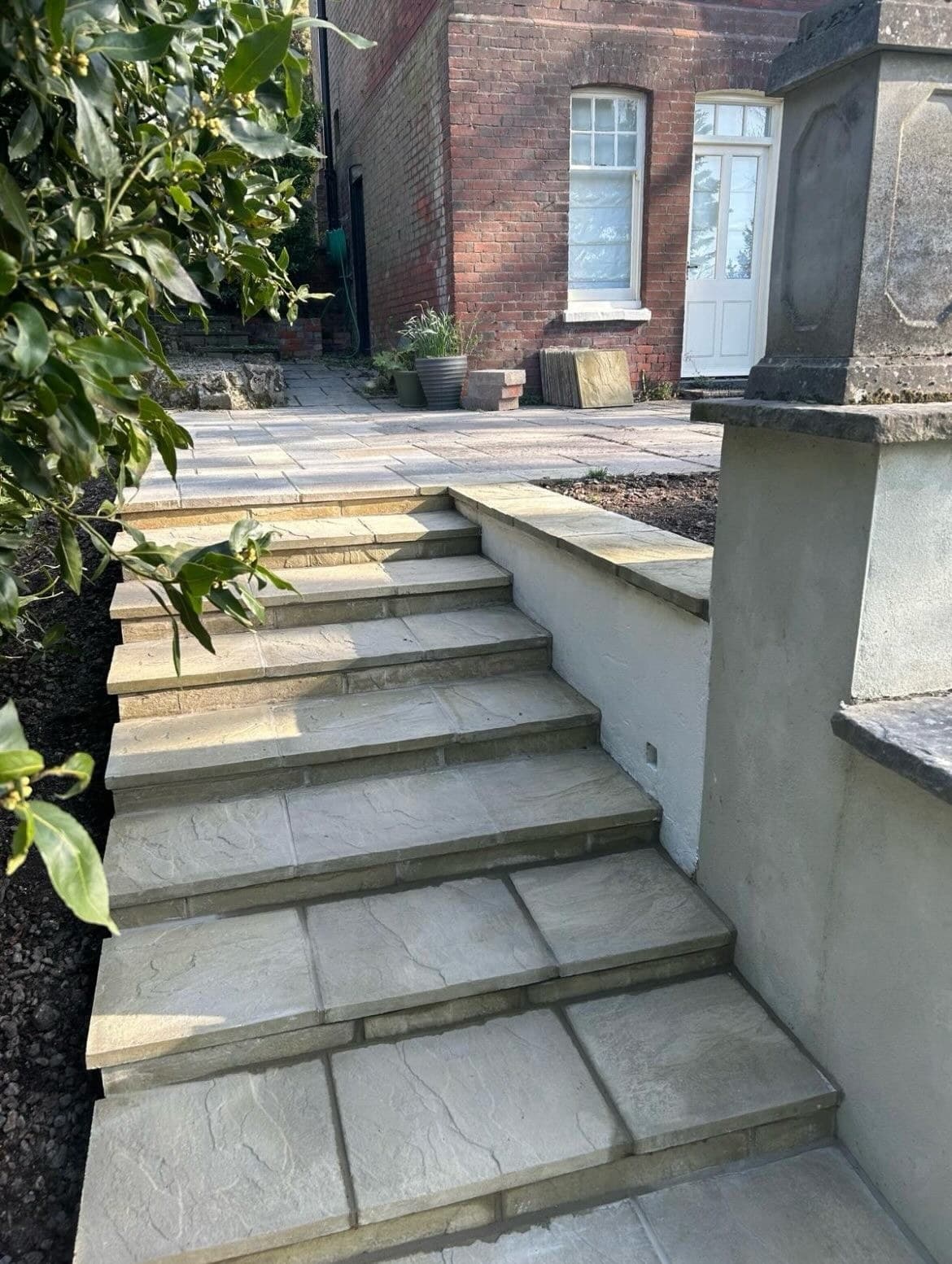 The finished garden steps in Bournemouth, slab treads rising towards the house