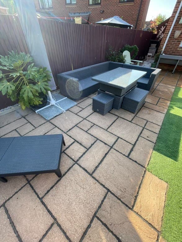 Patio repointing grey slabs furniture